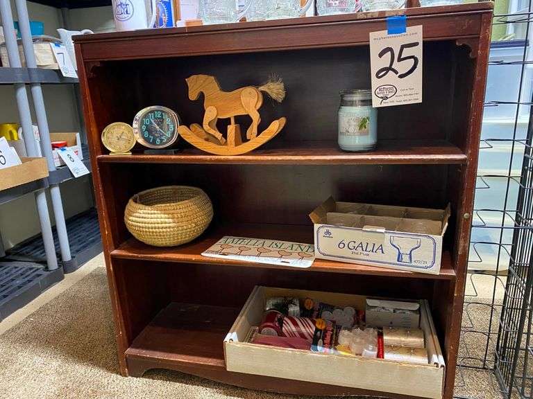 TWO ALARM CLOCKS, CANDLE, ROCKING HORSE, SIX GALLA GLASSES, AMELIA ISLAND LICENSE PLATE