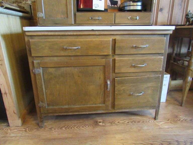 HOOSIER WITH WHITE METAL TOP. INCLUDES CONTENTS IN DRAWERS. 40