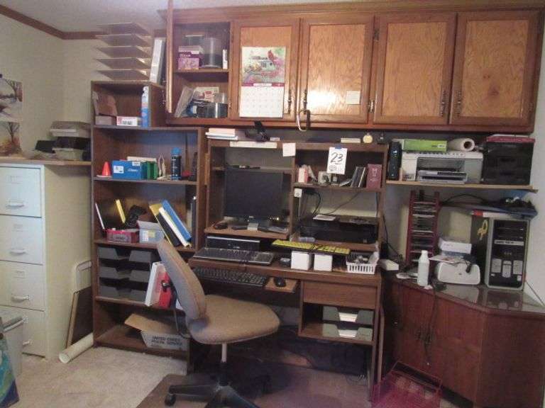 CONTENTS IN OFFICE COMPUTER DESK, MONITOR, HP PRINTER, KEYBOARD, BOOKCASE, PAPER SHREDDER