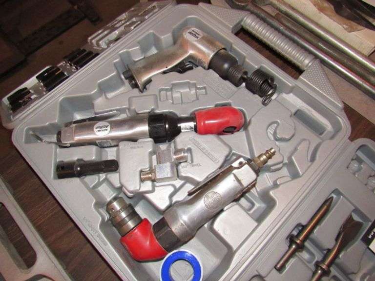 ALL TRADE AIR CHISEL, RATCHET, DRILL AND ATTACHMENTS IN HARD CASE McPherson Auction & Realty