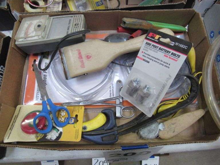 BOX OF ASSORTED AUTOMOTIVE PARTS/TOOLS McPherson Auction & Realty