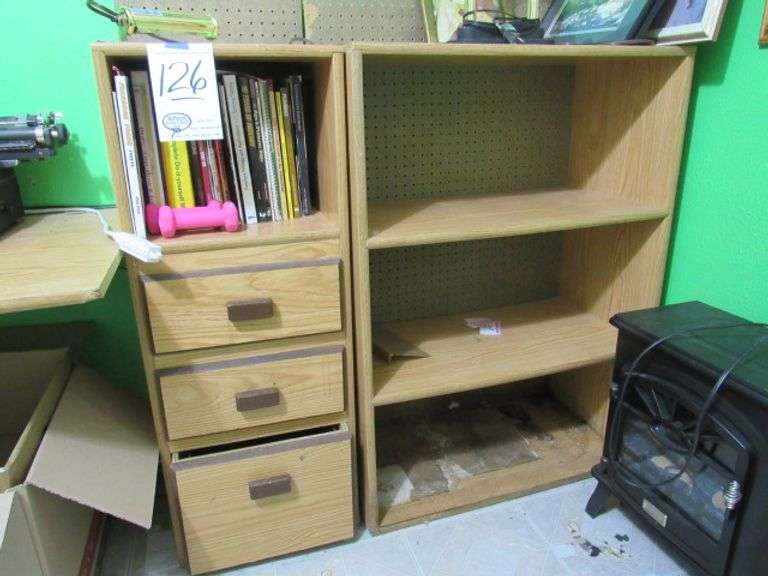 2 WOODEN STORAGE SHELVES WITH PEGBOARD BACKS, 5 PICTURES AND CONTENTS