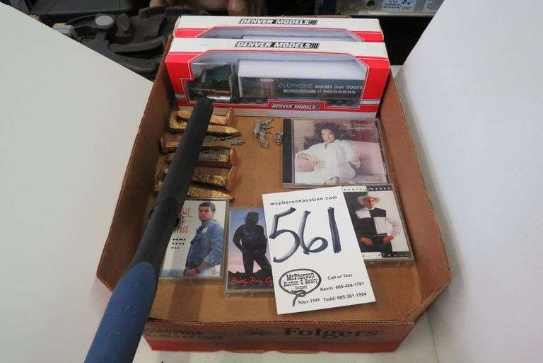 FIRST AID KIT AND BOX OF ASSORTED CASETTE TAPES, 2 MENARDS SCALE MODEL