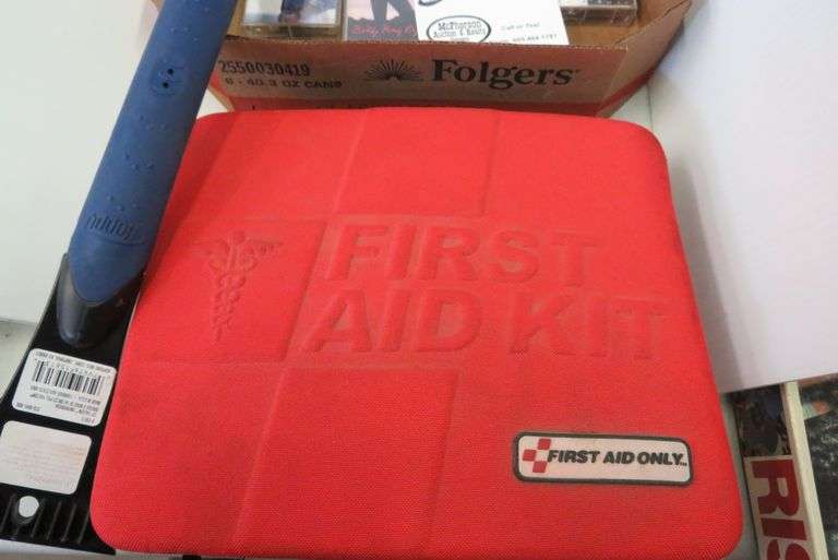 FIRST AID KIT AND BOX OF ASSORTED CASETTE TAPES, 2 MENARDS SCALE MODEL