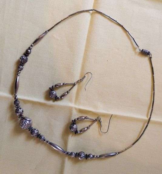LOT 219Taxco Mexico silver bead necklace and matching hoop earrings