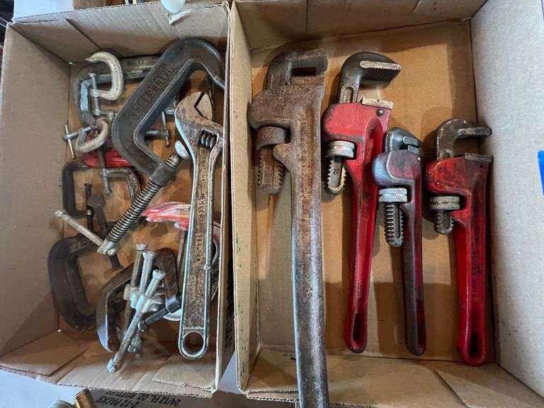 2 BOXES PIPE WRENCHES AND C CLAMPS McPherson Auction & Realty