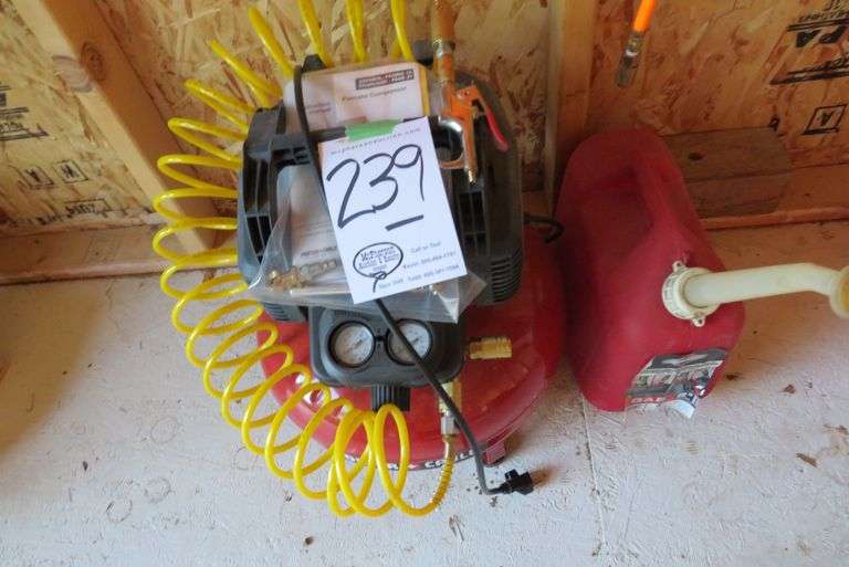 PORTER CABLE PANCAKE AIR COMPRESSOR WITH AIR HOSE, EXTENSION CORDS