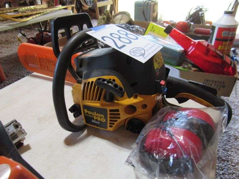 POULAN PRO 35CC CHAIN SAW AND EAR MUFFS, GARY SAYS CHAINSAW WORKS GOOD