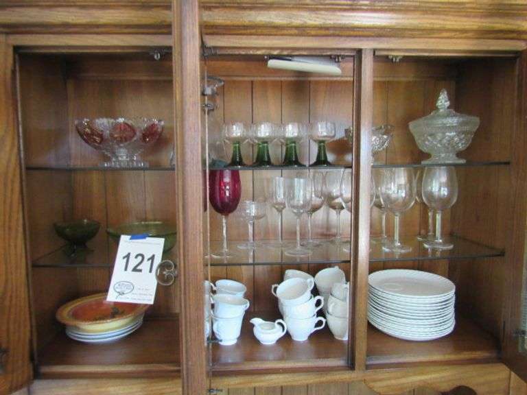 ASSORTED GLASSWARE IN THE HUTCH CANDY DISH, SNACK SET SERVICE FOR 16