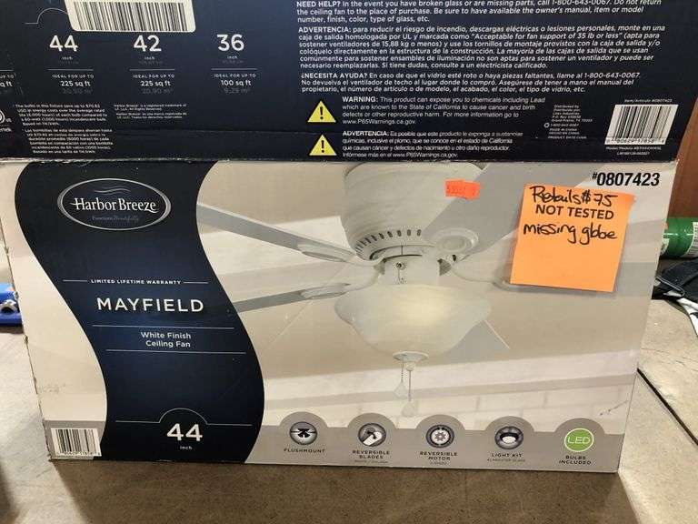 Harbor Breeze 44 inch ceiling fan —missing globe Metzger Property