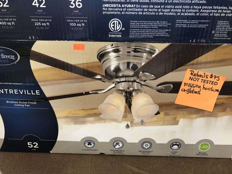 Harbor Breeze 52 inch ceiling fan —missing hardware and globes