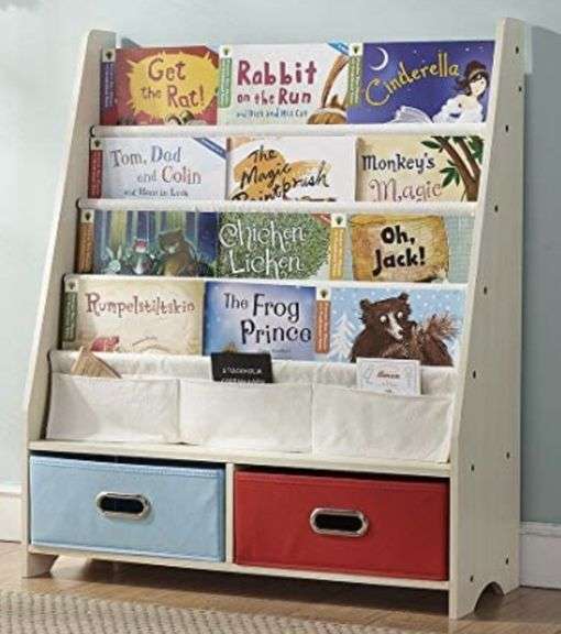 SEIRIONE Kids Book Rack, 4 Sling Bookshelf, 2 Storage Boxes and Toys