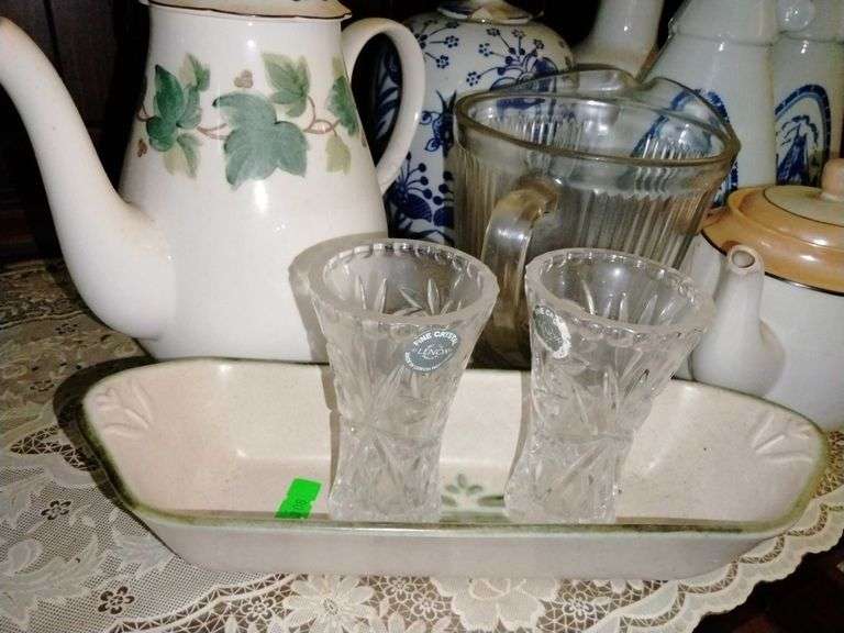 Haeger cracker dish, Lenox crystal, coffee pot, pitcher, ginger jar