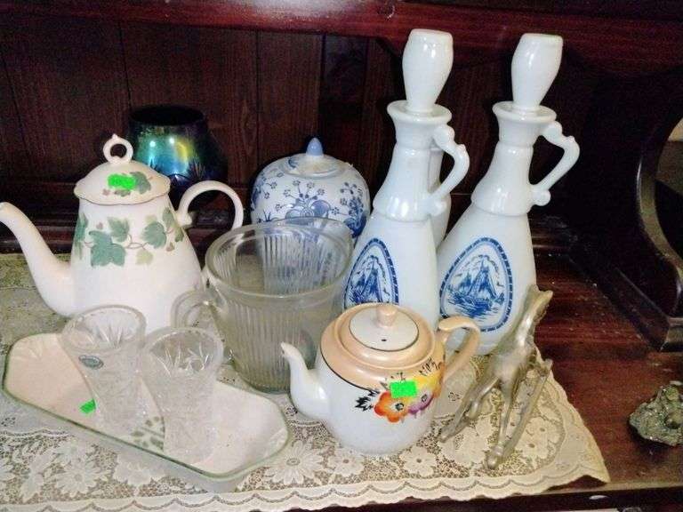 Haeger cracker dish, Lenox crystal, coffee pot, pitcher, ginger jar