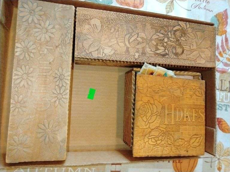 Burnt Wood Dresser Boxes w/ Handkerchiefs & Gloves Metzger Property