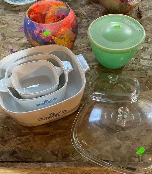 Tupperware lettuce bowl, fishbowl with bells, and corning ware baking