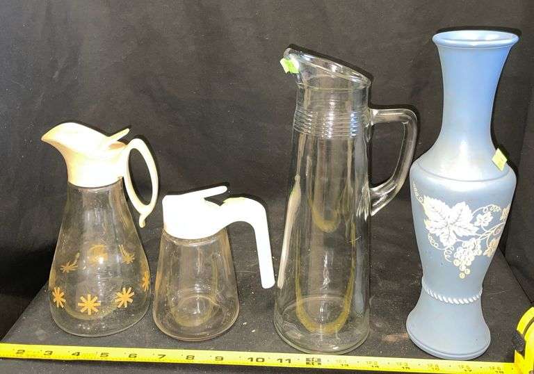 2 creamers, narrow glass pitcher, blue decorative vase Metzger
