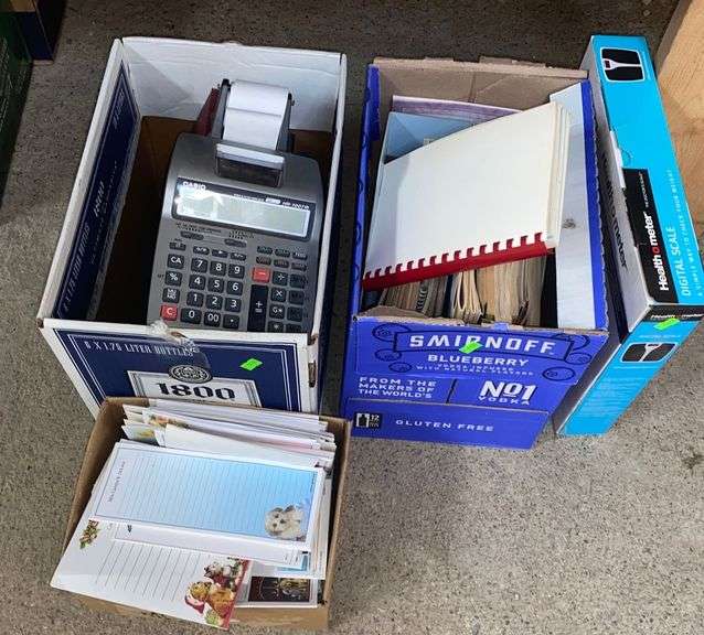 Digital scale new in box, notepad paper, cookbooks, Casio printer