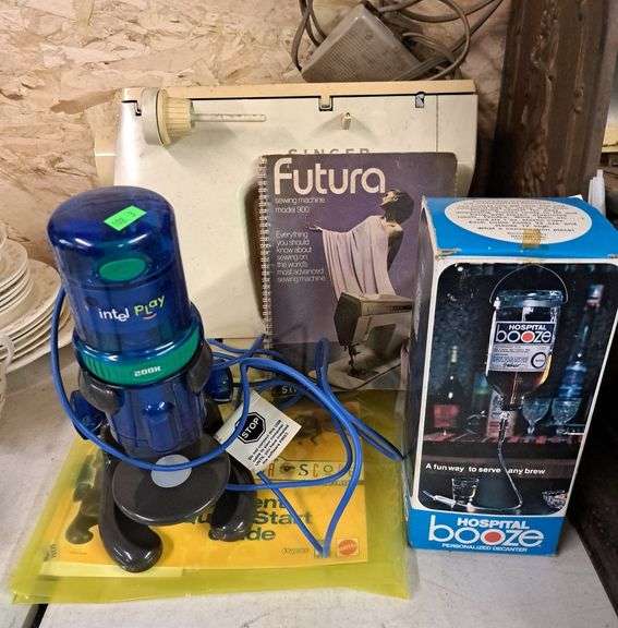 Singer sewing machine model 900, Intel play microscope, hospital booze personalized decanter