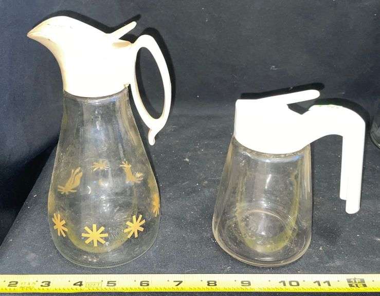 2 creamers, narrow glass pitcher, blue decorative vase Metzger