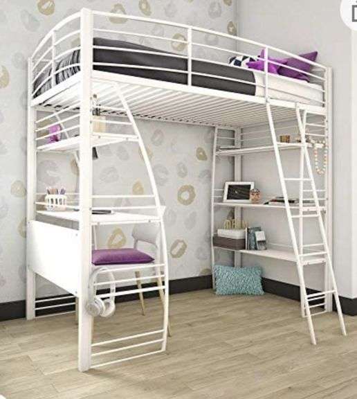 DHP Studio Loft Bunk Bed Over Desk and Bookcase with Metal Frame Twin (White Metzger