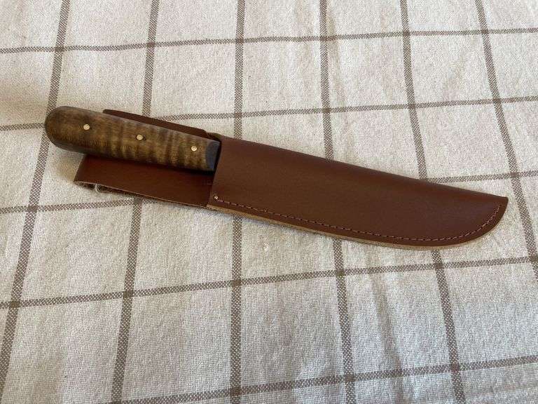 Rounded Trade Knife with Wood Handle & Leather Knife Sheath