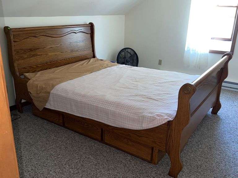 Queen Oak Sleigh Bed with Storage Drawer and Mattress, sheets and