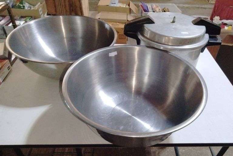 2 stainless steel 13quart mixing bowls, pressure cooker with jars, but