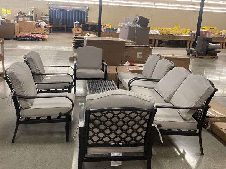 7 Piece Set Black Steel Chairs With Gray Cushions and Table Metzger