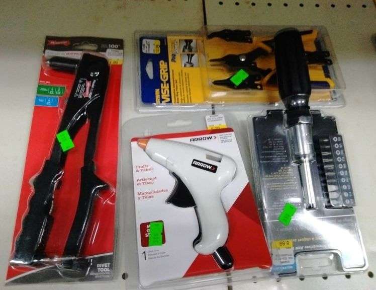 Visegrips, glue gun, ratchet screwdriver and bits, rivet tool