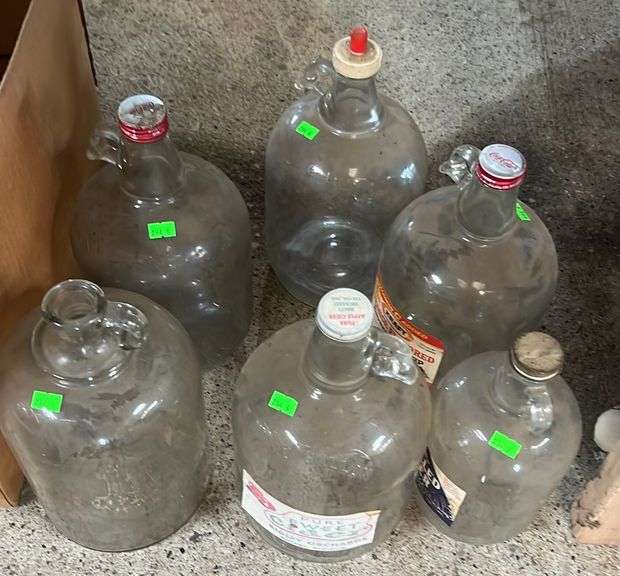 Gallon jugs some w/ Coca-Cola lids, half-gallon jug Hoosier distilled water label - Metzger ...