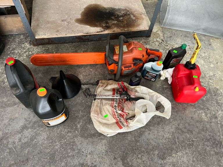 Husqvarna 345 Chain Saw, Fuel Can, Chain Bar Lube, Chair Bar & Sprocket