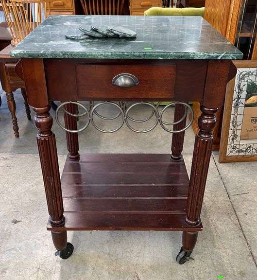 Marble Top Island on rollers, w/ wine rack, towel holder, storage