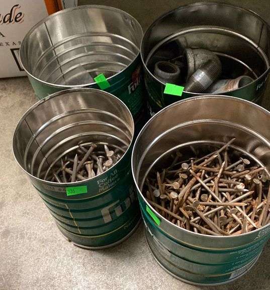 Coffee cans filled with nails, screws, and other tools Metzger