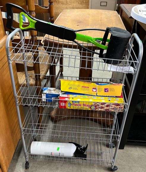 Wire Rack on wheels, poop scoop, fire extinguisher, plastic wrap ...