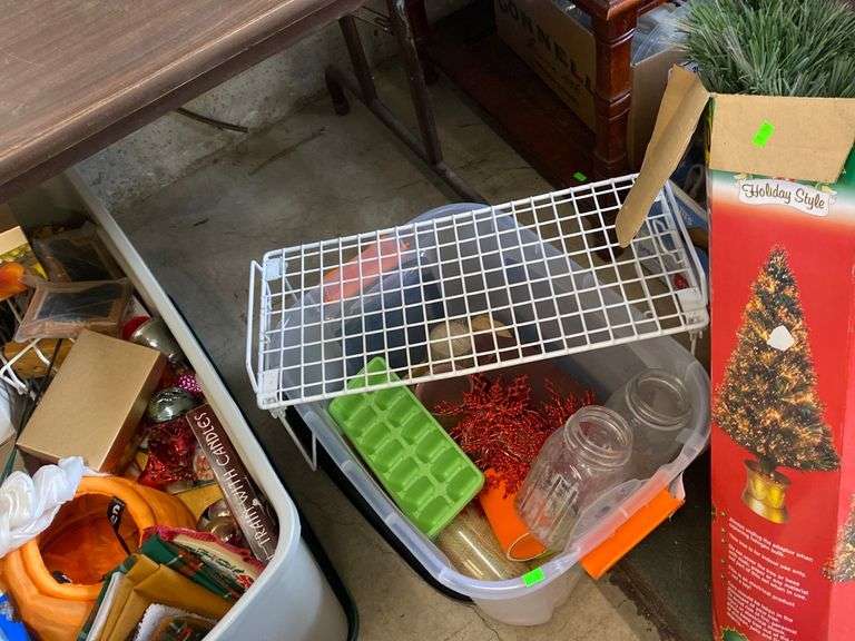 Small Christmas tree, fall items and other miscellaneous, two totes