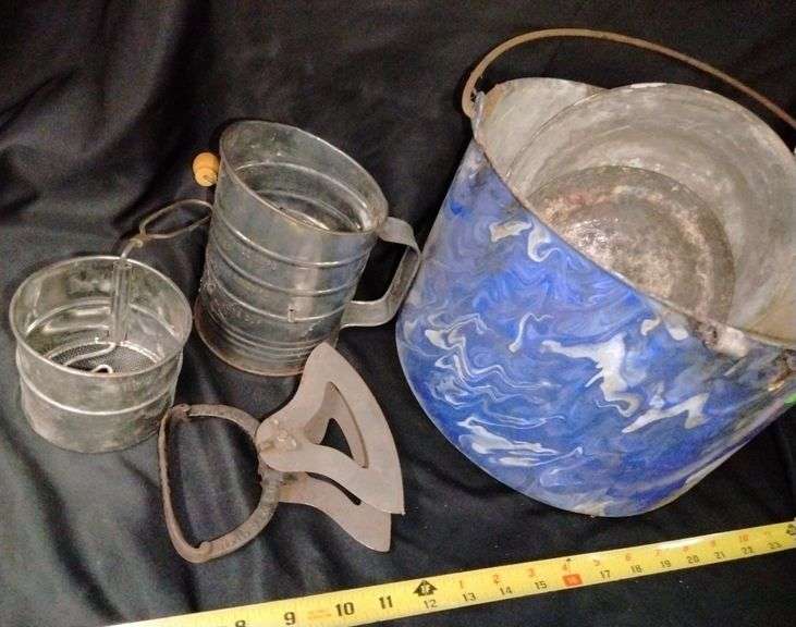 Metal enamel bucket, sifters, chopper, pie pans Metzger Property