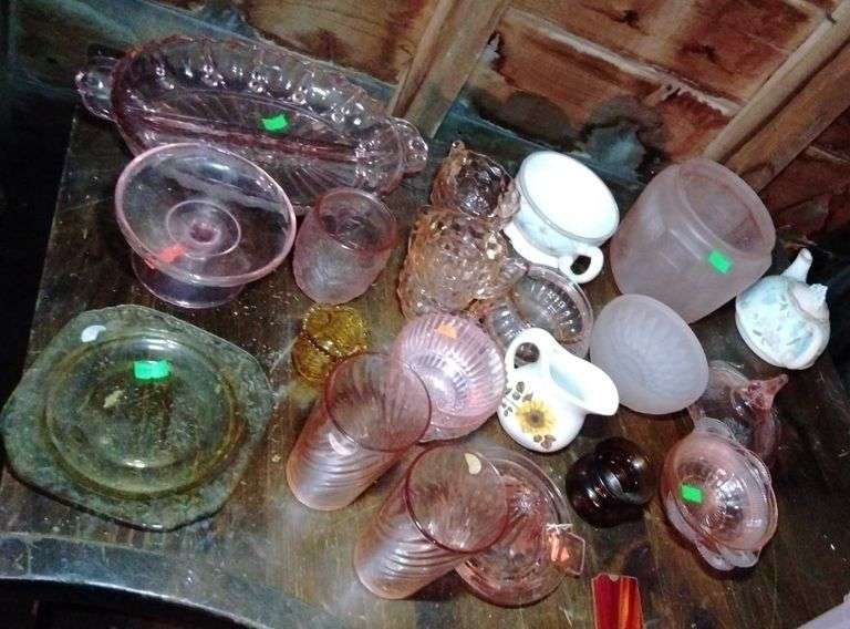 Pink depression glass assortment, pink satin bowls, McCoy creamer