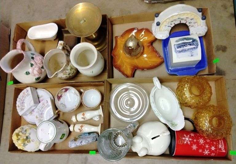 Porcelain pitchers, gravy boat, vase, teacups, John Deere salt shaker, glass mug, piggybank