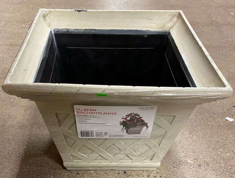 17” Antique Ivory Bingham Resin Square Planter Metzger Property