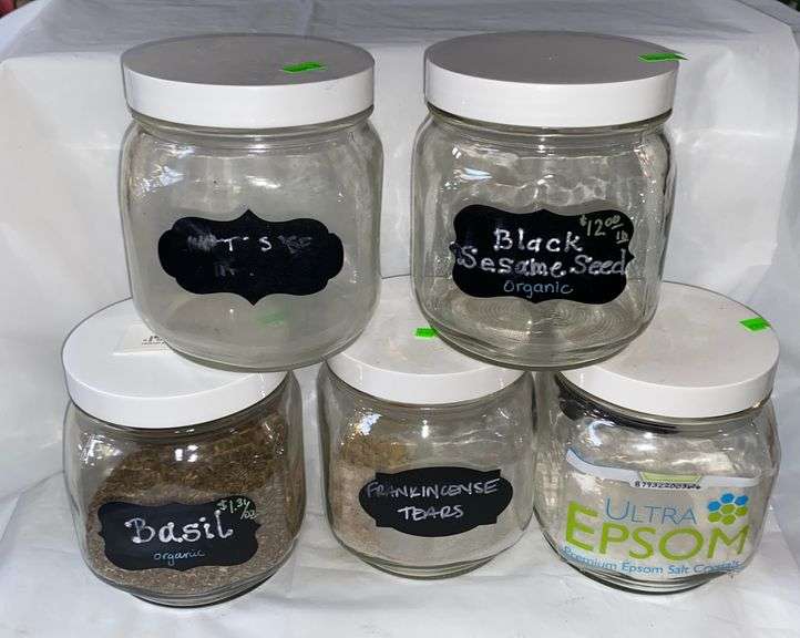 5 Glass Jars w/lids, 3 partially full with frankincense tears, basil