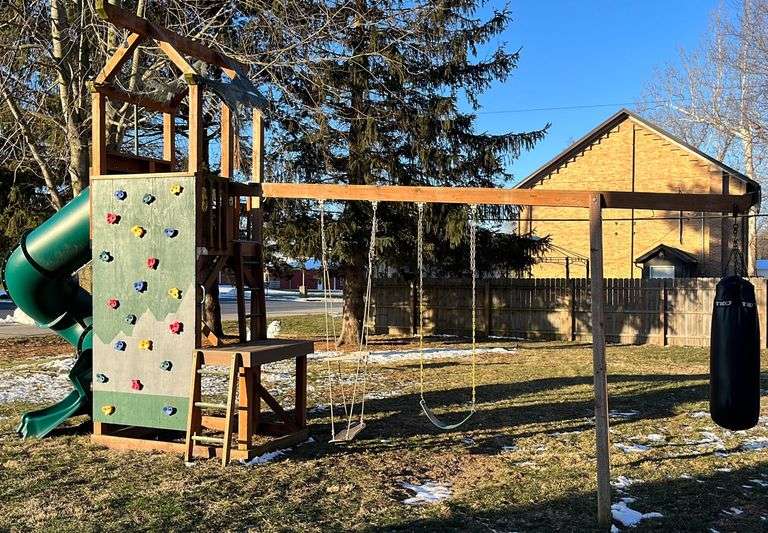 Wood swing set with plastic slide and rock climbing wall, 18ft long