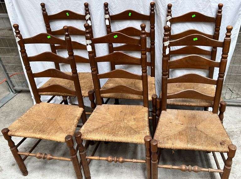 6 ladder back chairs with woven straw seats ,18” to seat some damage