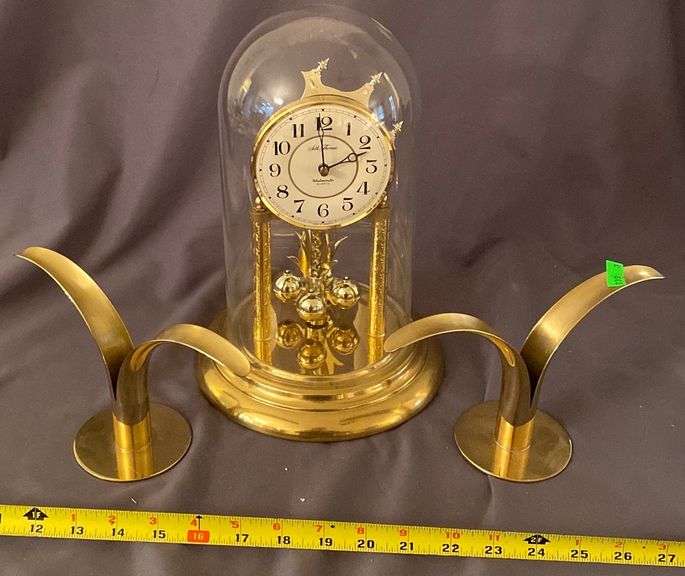 Seth Thomas Battery Operated Anniversary Clock w/ Glass Dome 11in & 2 Brass Leaf Candle Holders
