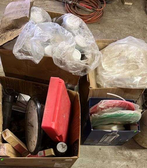 Grease Guns, Foam Weather Stripping, Plastic Line Assortment, Case of Plastic Containers, Clock
