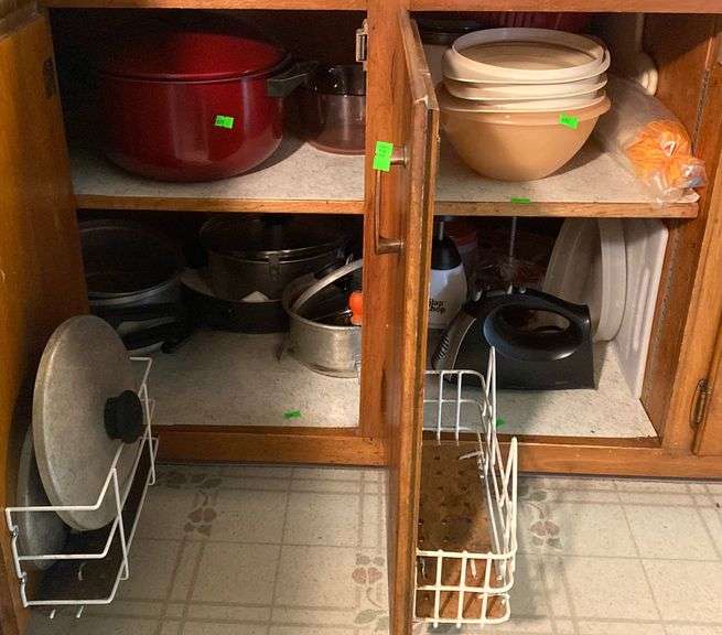 Pots and pans, Tupperware, hand mixer, slap chop, miscellaneous