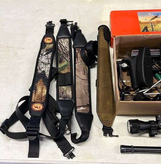 Gun slings, cleaning kit, gun parts, scopes, flash light Metzger
