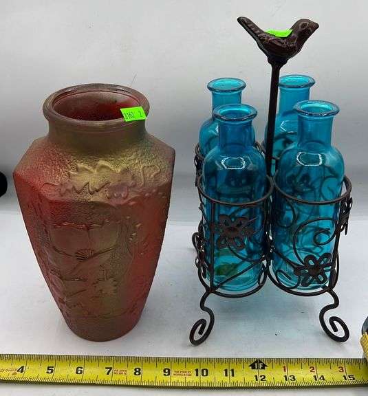 Satin Glass Urn 9", Blue Glass Bottles with Holder 12" Metzger