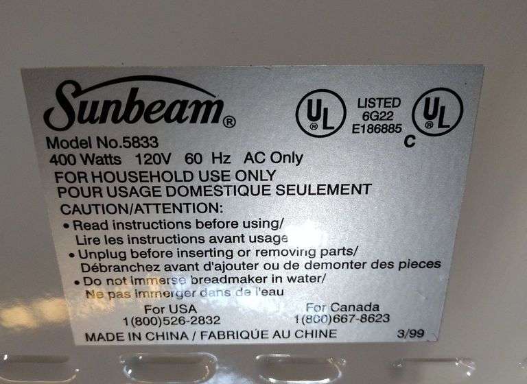 Sunbeam Bread Maker, Model 5833 Metzger Property Services LLC