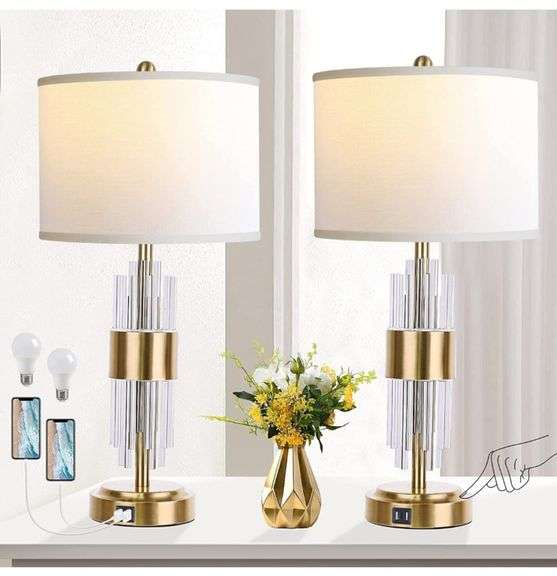 Table Lamp for Living Room with USB Ports, Gold Bedside Lamps for